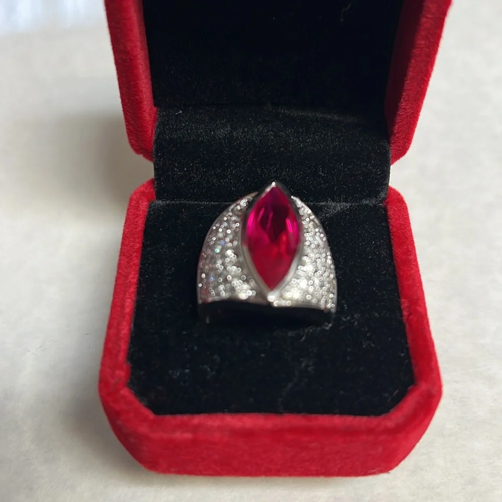 Silver Ring with Dark Pink Stone & Zirconia size 8